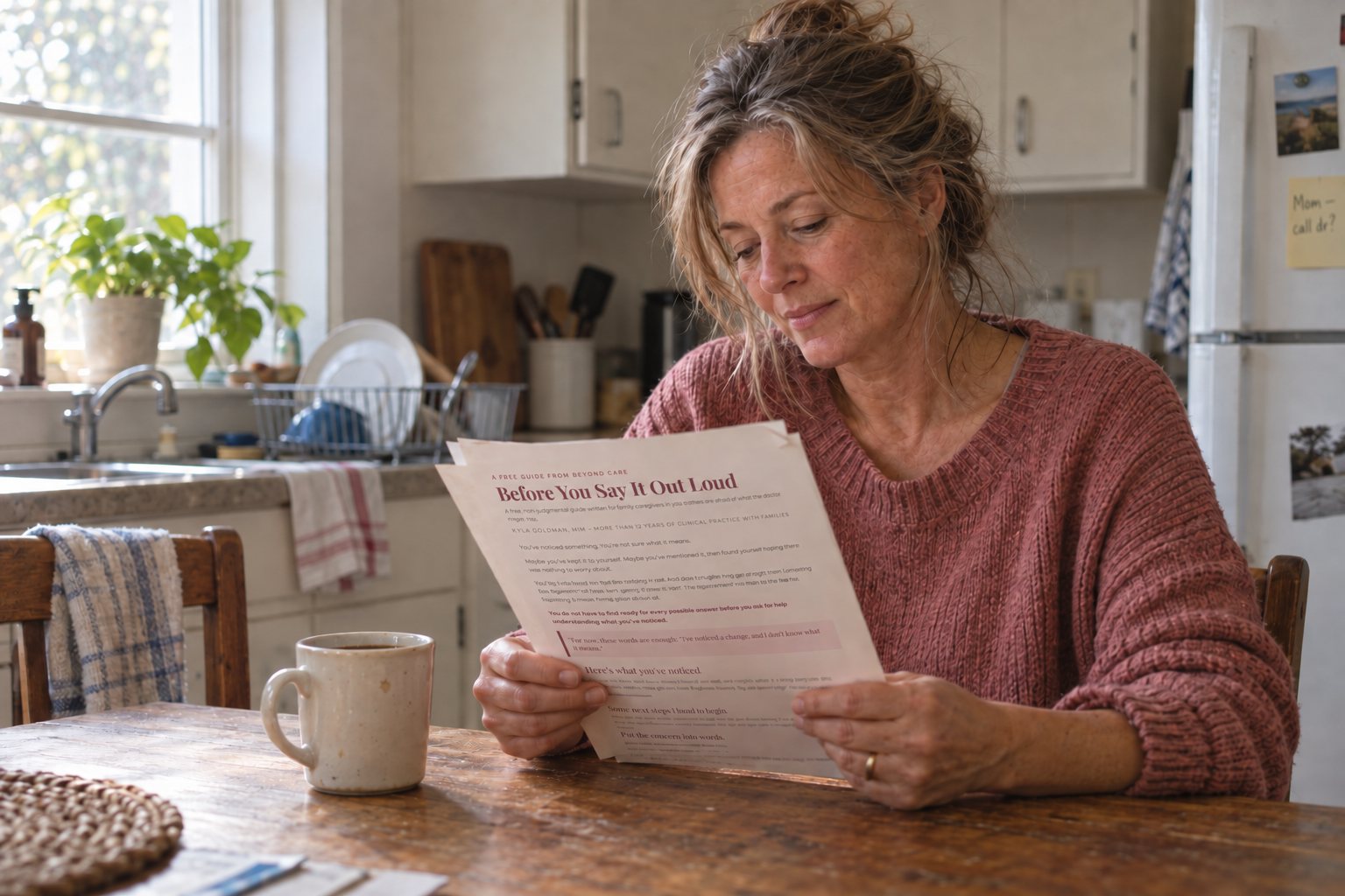 A woman at her kitchen table in the morning, reading the guide